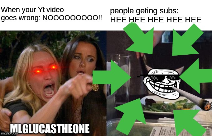 When your youtube video goes wrong | When your Yt video goes wrong: NOOOOOOOOO!! people geting subs: HEE HEE HEE HEE HEE; MLGLUCASTHEONE | image tagged in memes,woman yelling at cat,funny memes,cats,funny cats,youtubers | made w/ Imgflip meme maker