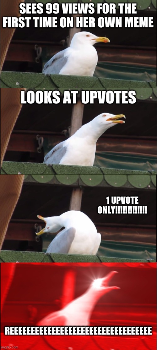 me looking at my meme | SEES 99 VIEWS FOR THE FIRST TIME ON HER OWN MEME; LOOKS AT UPVOTES; 1 UPVOTE ONLY!!!!!!!!!!!!! REEEEEEEEEEEEEEEEEEEEEEEEEEEEEEEEEE | image tagged in memes | made w/ Imgflip meme maker