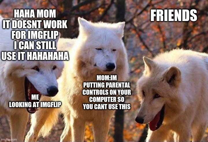 mom tries to get me off imgflip (doesnt work hahaha) | HAHA MOM IT DOESNT WORK FOR IMGFLIP I CAN STILL USE IT HAHAHAHA; FRIENDS; MOM:IM PUTTING PARENTAL CONTROLS ON YOUR COMPUTER SO YOU CANT USE THIS; ME LOOKING AT IMGFLIP | image tagged in laughing wolf | made w/ Imgflip meme maker