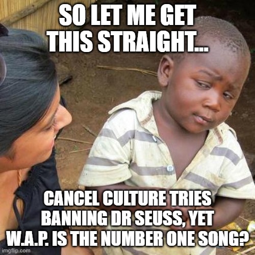 Why Seuss when you can WAP | SO LET ME GET THIS STRAIGHT... CANCEL CULTURE TRIES BANNING DR SEUSS, YET W.A.P. IS THE NUMBER ONE SONG? | image tagged in memes,third world skeptical kid,wap | made w/ Imgflip meme maker
