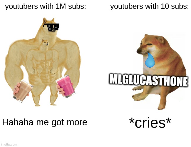 Youtubers: | youtubers with 1M subs:; youtubers with 10 subs:; MLGLUCASTHONE; Hahaha me got more; *cries* | image tagged in memes,buff doge vs cheems,youtube,youtuber,youtubers,funny meme | made w/ Imgflip meme maker