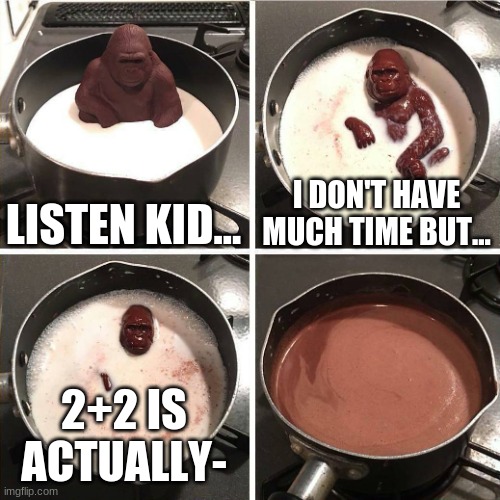 chocolate gorilla | LISTEN KID... I DON'T HAVE MUCH TIME BUT... 2+2 IS ACTUALLY- | image tagged in chocolate gorilla | made w/ Imgflip meme maker