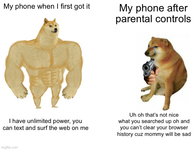 Buff Doge vs. Cheems | My phone when I first got it; My phone after parental controls; I have unlimited power, you can text and surf the web on me; Uh oh that’s not nice what you searched up oh and you can’t clear your browser history cuz mommy will be sad | image tagged in memes,buff doge vs cheems | made w/ Imgflip meme maker