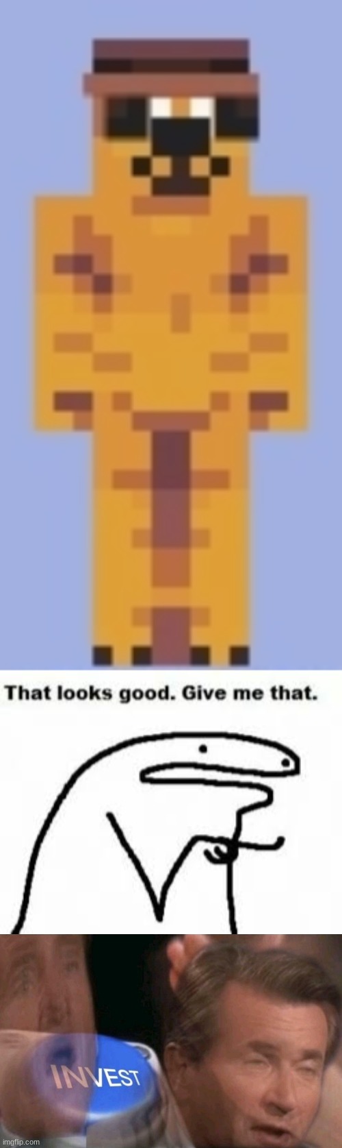 image tagged in minecraft skin,that looks good give me that,invest,this is fine,dog | made w/ Imgflip meme maker