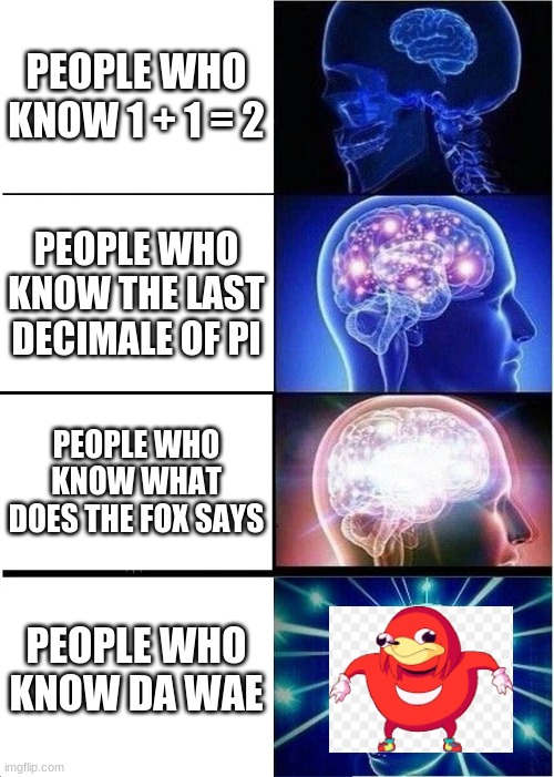 meme | PEOPLE WHO KNOW 1 + 1 = 2; PEOPLE WHO KNOW THE LAST DECIMALE OF PI; PEOPLE WHO KNOW WHAT DOES THE FOX SAYS; PEOPLE WHO KNOW DA WAE | image tagged in memes,expanding brain,do you know da wae,what does the fox say | made w/ Imgflip meme maker