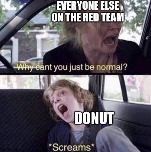 Why Can't You Just Be Normal | EVERYONE ELSE ON THE RED TEAM; DONUT | image tagged in why can't you just be normal | made w/ Imgflip meme maker