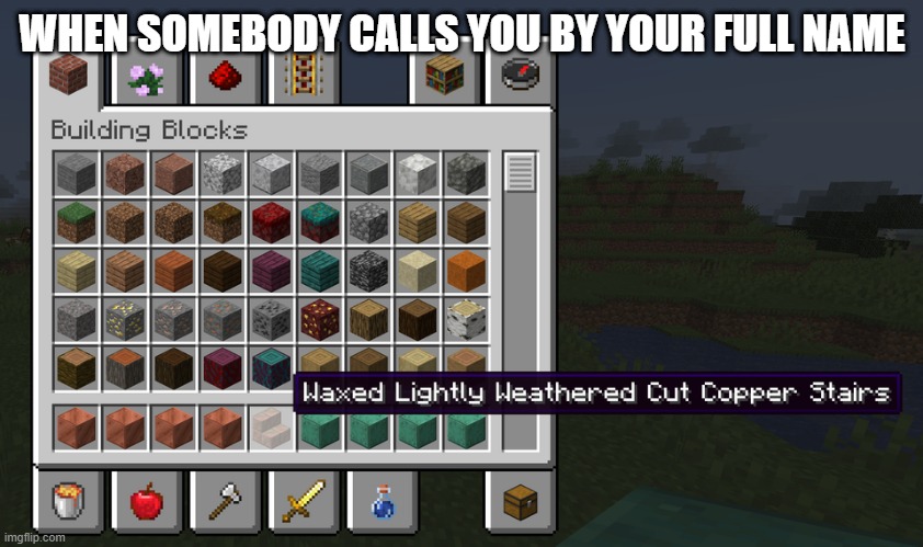 Waxed lightly weathered cut copper stairs | WHEN SOMEBODY CALLS YOU BY YOUR FULL NAME | image tagged in waxed lightly weathered cut copper stairs,minecraft,funny,memes,gaming | made w/ Imgflip meme maker