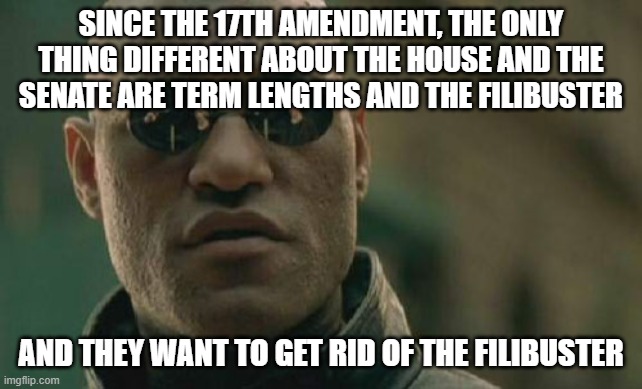 Matrix Morpheus Meme | SINCE THE 17TH AMENDMENT, THE ONLY THING DIFFERENT ABOUT THE HOUSE AND THE SENATE ARE TERM LENGTHS AND THE FILIBUSTER; AND THEY WANT TO GET RID OF THE FILIBUSTER | image tagged in memes,matrix morpheus | made w/ Imgflip meme maker