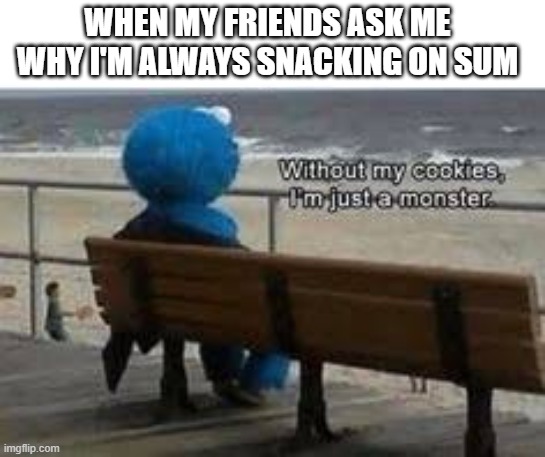 Why I eat a lot | WHEN MY FRIENDS ASK ME WHY I'M ALWAYS SNACKING ON SUM | image tagged in cookie monster,cookies,good | made w/ Imgflip meme maker
