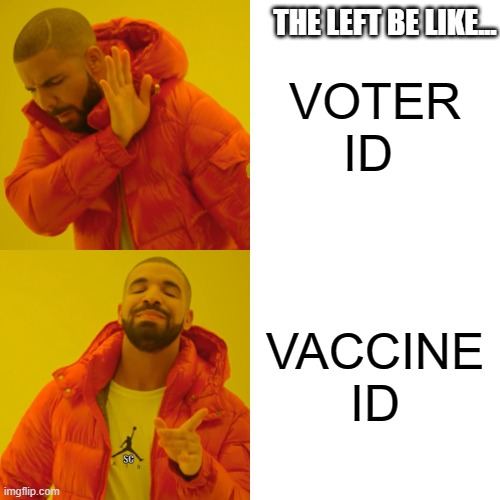 Hypocrites | THE LEFT BE LIKE... VOTER ID; VACCINE ID; SC | image tagged in memes,drake hotline bling,voter id,vaccine id,funny,liberal hypocrisy | made w/ Imgflip meme maker