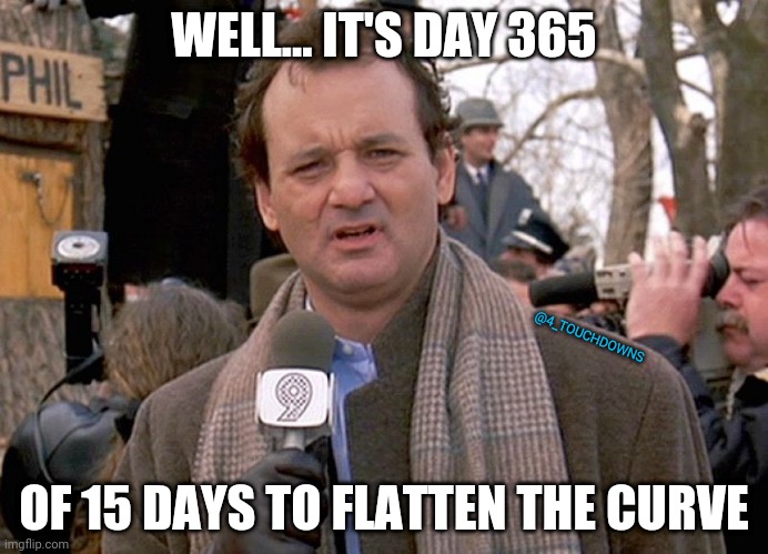 groundhog day | WELL... IT'S DAY 365; @4_TOUCHDOWNS; OF 15 DAYS TO FLATTEN THE CURVE | image tagged in groundhog day,corona virus,covidiots,ConservativesOnly | made w/ Imgflip meme maker
