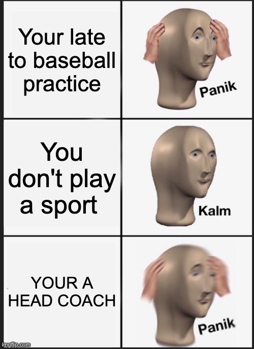 Panik Kalm Panik | Your late to baseball practice; You don't play a sport; YOUR A HEAD COACH | image tagged in memes,panik kalm panik | made w/ Imgflip meme maker