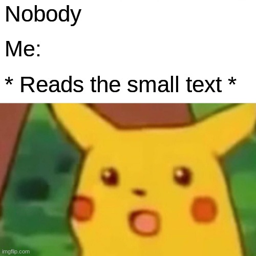 Surprised Pikachu Meme | Nobody Me: * Reads the small text * | image tagged in memes,surprised pikachu | made w/ Imgflip meme maker