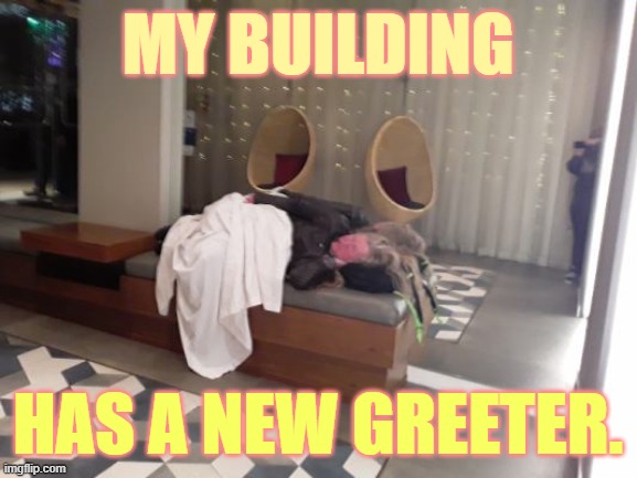 I know this is not in the best taste... Look | MY BUILDING; HAS A NEW GREETER. | image tagged in memes,building,new,greetings,homeless,person | made w/ Imgflip meme maker