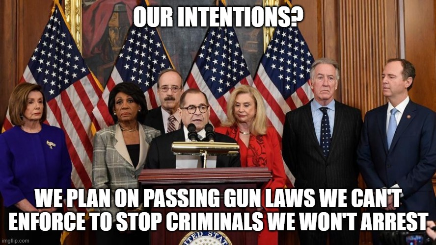 House Democrats | OUR INTENTIONS? WE PLAN ON PASSING GUN LAWS WE CAN'T ENFORCE TO STOP CRIMINALS WE WON'T ARREST | image tagged in house democrats | made w/ Imgflip meme maker