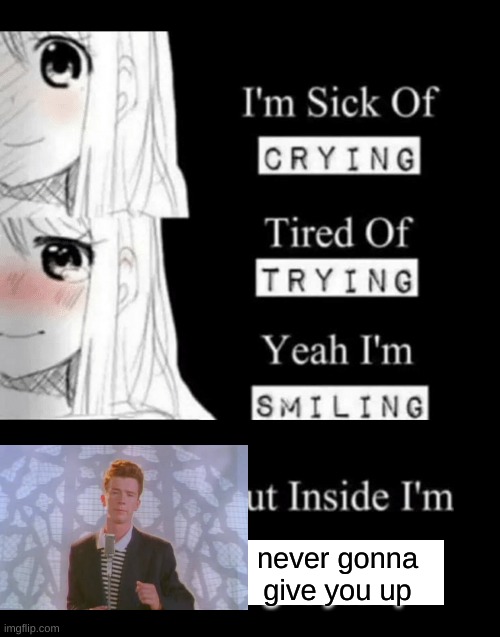 ahh yes | never gonna give you up | image tagged in i'm sick of crying | made w/ Imgflip meme maker