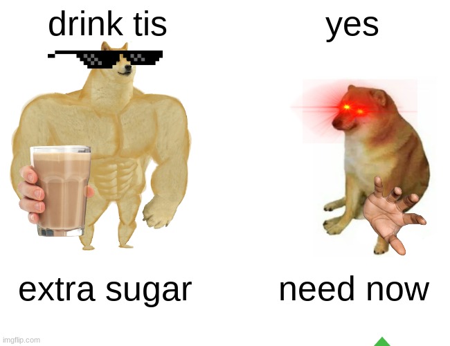 choccy doge | drink tis; yes; extra sugar; need now | image tagged in memes,buff doge vs cheems | made w/ Imgflip meme maker