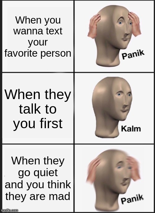 Help me---- | When you wanna text your favorite person; When they talk to you first; When they go quiet and you think they are mad | image tagged in memes,panik kalm panik | made w/ Imgflip meme maker