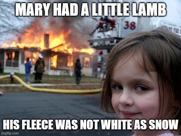 It's all lies | MARY HAD A LITTLE LAMB; HIS FLEECE WAS NOT WHITE AS SNOW | image tagged in memes,disaster girl,burn it all | made w/ Imgflip meme maker