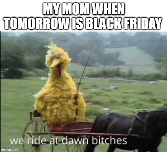 We ride at dawn bitches | MY MOM WHEN TOMORROW IS BLACK FRIDAY | image tagged in we ride at dawn bitches | made w/ Imgflip meme maker
