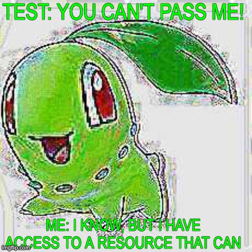 TEST: YOU CAN'T PASS ME! ME: I KNOW, BUT I HAVE ACCESS TO A RESOURCE THAT CAN | image tagged in deep fried chikorita | made w/ Imgflip meme maker