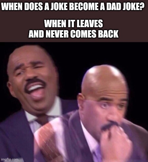 Haha oh wait... | WHEN IT LEAVES AND NEVER COMES BACK; WHEN DOES A JOKE BECOME A DAD JOKE? | image tagged in steve harvey laughing serious,dark humor | made w/ Imgflip meme maker