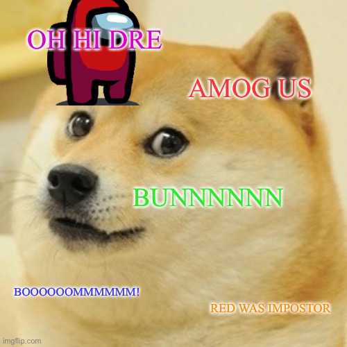 Please Enter Your Title | OH HI DRE; AMOG US; BUNNNNNN; BOOOOOOMMMMMM! RED WAS IMPOSTOR | image tagged in memes,doge | made w/ Imgflip meme maker