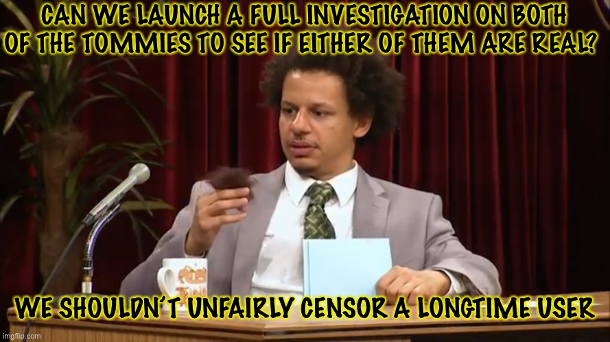 Just for the truth | CAN WE LAUNCH A FULL INVESTIGATION ON BOTH OF THE TOMMIES TO SEE IF EITHER OF THEM ARE REAL? WE SHOULDN’T UNFAIRLY CENSOR A LONGTIME USER | made w/ Imgflip meme maker