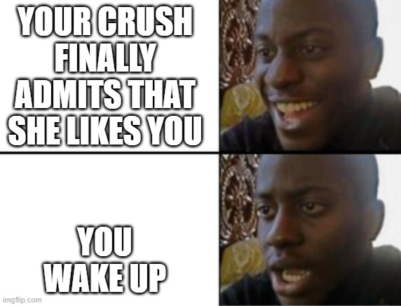 Life disappoints you sometimes | YOUR CRUSH FINALLY ADMITS THAT SHE LIKES YOU; YOU WAKE UP | image tagged in oh yeah oh no,crush,dream,memes | made w/ Imgflip meme maker