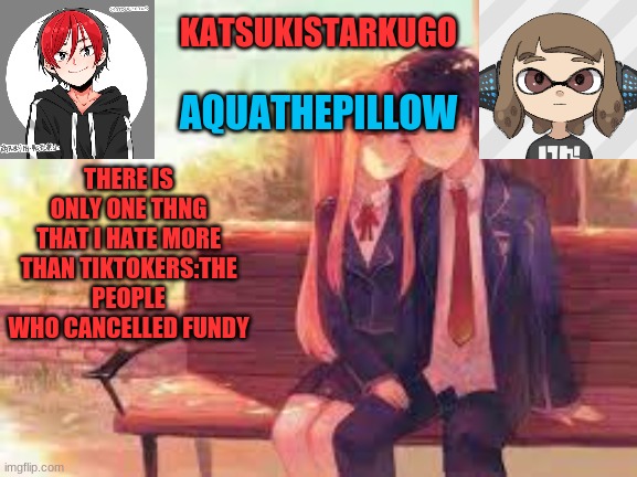 if you say "oh he was a RAPIST and kidnapps children" YOU'RE WRONG | THERE IS ONLY ONE THNG THAT I HATE MORE THAN TIKTOKERS:THE PEOPLE WHO CANCELLED FUNDY | image tagged in katsukistarkugoxaquathepillow | made w/ Imgflip meme maker