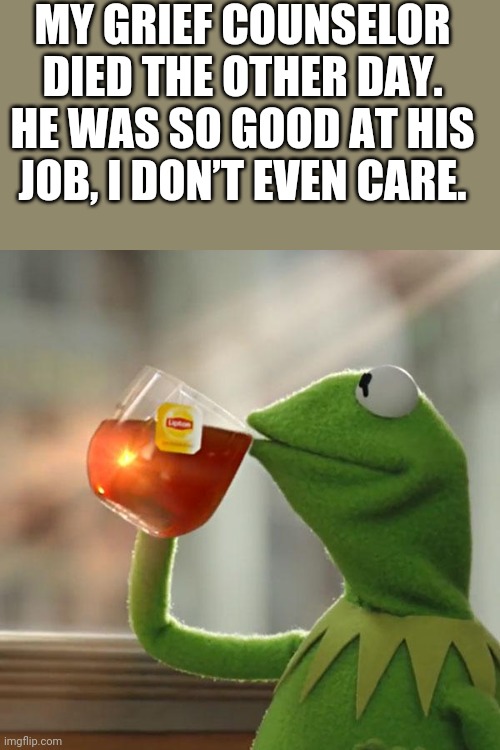 I don't even care | MY GRIEF COUNSELOR DIED THE OTHER DAY. HE WAS SO GOOD AT HIS JOB, I DON’T EVEN CARE. | image tagged in memes,but that's none of my business,kermit the frog | made w/ Imgflip meme maker
