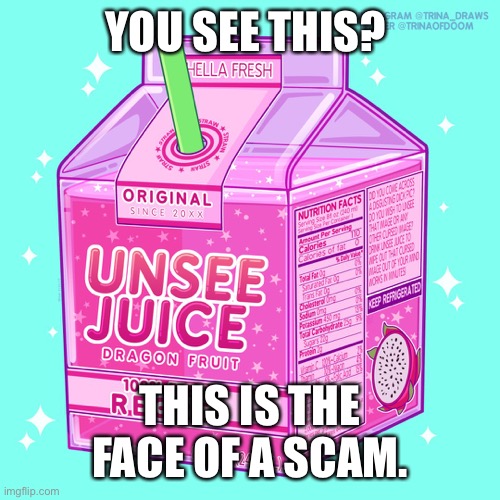 Never trust unsee juice | YOU SEE THIS? THIS IS THE FACE OF A SCAM. | image tagged in unsee juice | made w/ Imgflip meme maker