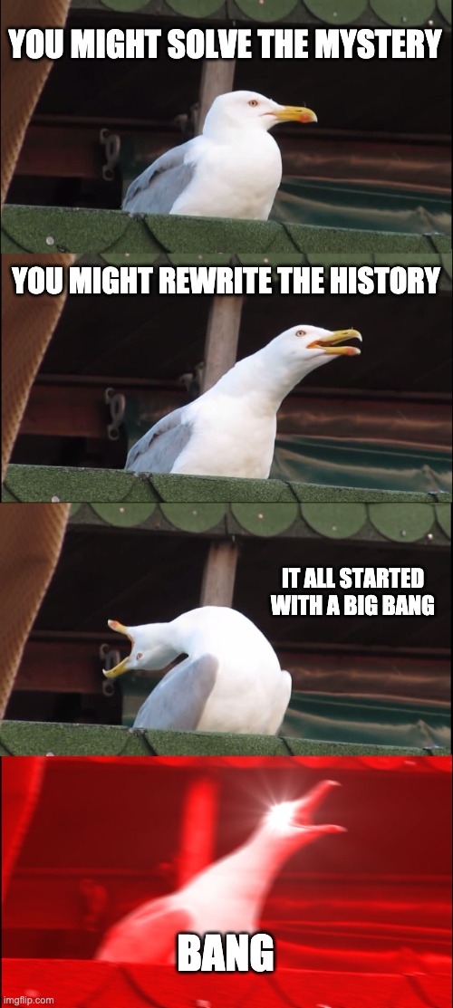 Inhaling Seagull Meme | YOU MIGHT SOLVE THE MYSTERY YOU MIGHT REWRITE THE HISTORY IT ALL STARTED WITH A BIG BANG BANG | image tagged in memes,inhaling seagull | made w/ Imgflip meme maker