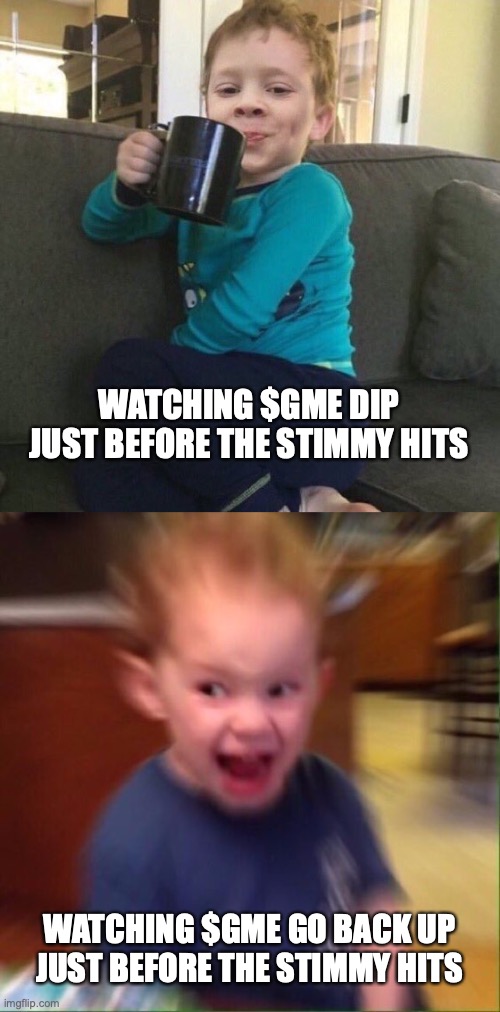 WATCHING $GME DIP JUST BEFORE THE STIMMY HITS; WATCHING $GME GO BACK UP JUST BEFORE THE STIMMY HITS | image tagged in gavin drink,kid screaming | made w/ Imgflip meme maker