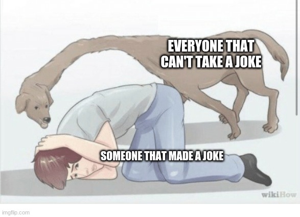 I'm making my template popular and you can't stop me | EVERYONE THAT CAN'T TAKE A JOKE; SOMEONE THAT MADE A JOKE | image tagged in wikihow dog | made w/ Imgflip meme maker