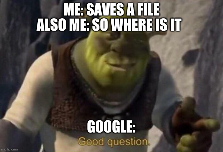 Shrek good question | ALSO ME: SO WHERE IS IT; ME: SAVES A FILE; GOOGLE: | image tagged in shrek good question | made w/ Imgflip meme maker