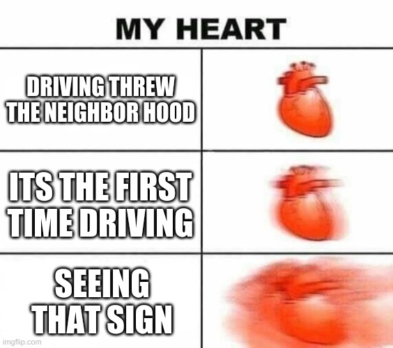 My heart blank | DRIVING THREW THE NEIGHBOR HOOD ITS THE FIRST TIME DRIVING SEEING THAT SIGN | image tagged in my heart blank | made w/ Imgflip meme maker