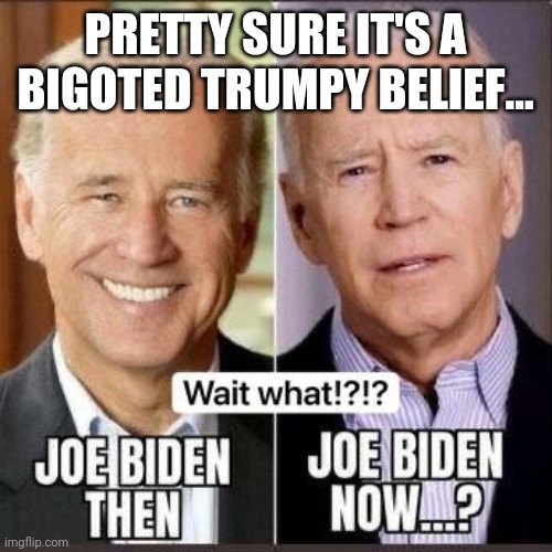 Joe, or Joe? | PRETTY SURE IT'S A BIGOTED TRUMPY BELIEF... | image tagged in joe biden,pedo,got his shot | made w/ Imgflip meme maker