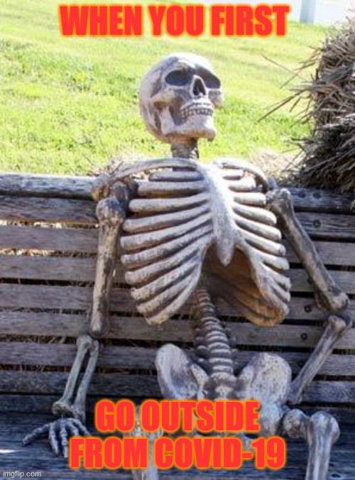 Waiting Skeleton | WHEN YOU FIRST; GO OUTSIDE FROM COVID-19 | image tagged in memes,waiting skeleton | made w/ Imgflip meme maker