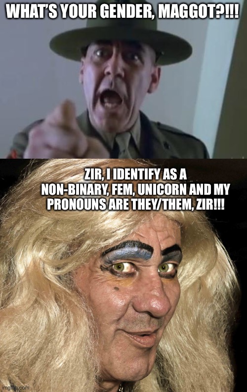 Woke Military | WHAT’S YOUR GENDER, MAGGOT?!!! ZIR, I IDENTIFY AS A NON-BINARY, FEM, UNICORN AND MY PRONOUNS ARE THEY/THEM, ZIR!!! | image tagged in full metal jacket,tranny | made w/ Imgflip meme maker