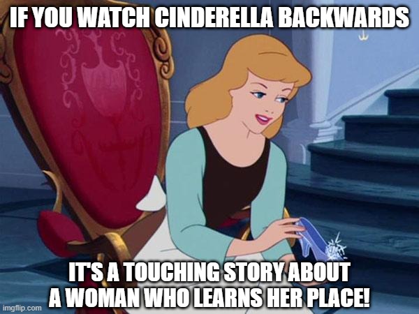 Reverse Logic | IF YOU WATCH CINDERELLA BACKWARDS; IT'S A TOUCHING STORY ABOUT A WOMAN WHO LEARNS HER PLACE! | image tagged in cinderella | made w/ Imgflip meme maker