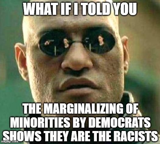 What if i told you | WHAT IF I TOLD YOU; THE MARGINALIZING OF MINORITIES BY DEMOCRATS SHOWS THEY ARE THE RACISTS | image tagged in what if i told you | made w/ Imgflip meme maker