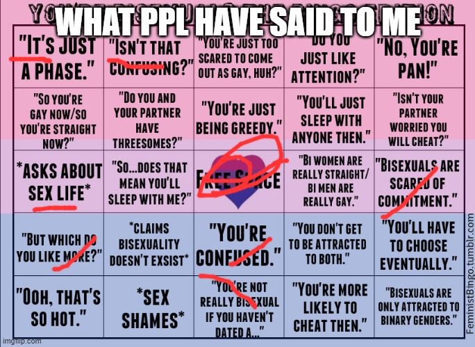 bisexual bingo | WHAT PPL HAVE SAID TO ME | image tagged in bisexual bingo | made w/ Imgflip meme maker