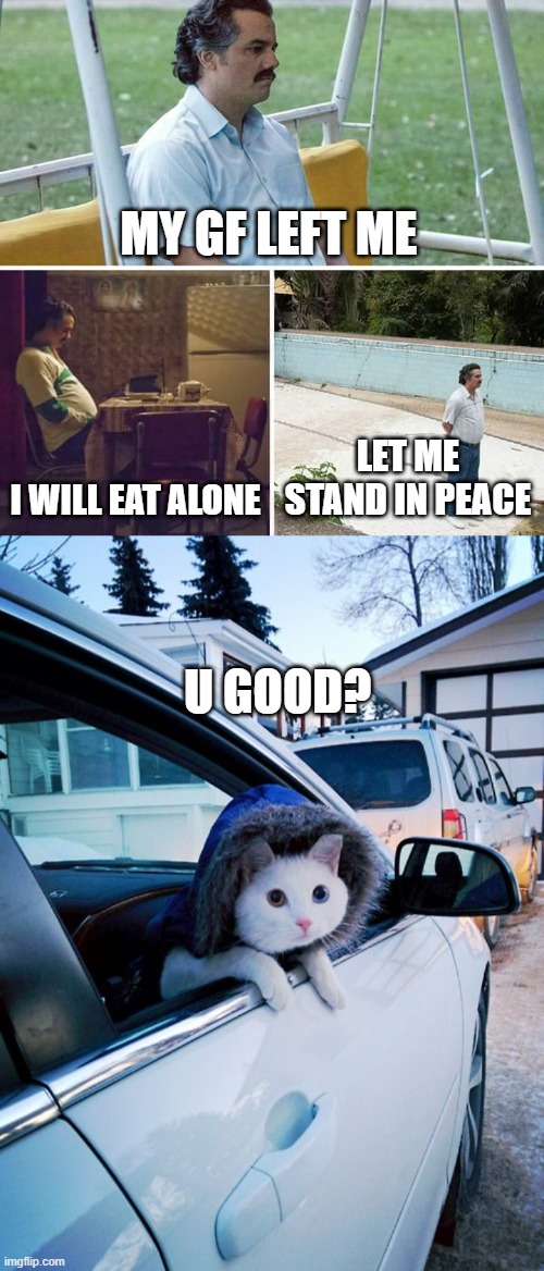 MY GF LEFT ME; I WILL EAT ALONE; LET ME STAND IN PEACE; U GOOD? | image tagged in memes,sad pablo escobar,are you okay | made w/ Imgflip meme maker