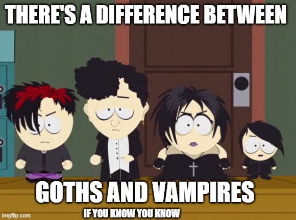 South Park Goth Kids | THERE'S A DIFFERENCE BETWEEN; GOTHS AND VAMPIRES; IF YOU KNOW YOU KNOW | image tagged in south park goth kids | made w/ Imgflip meme maker