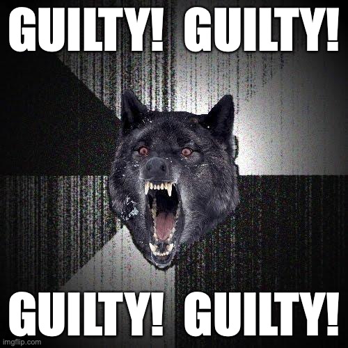 Insanity Wolf Meme | GUILTY!  GUILTY! GUILTY!  GUILTY! | image tagged in memes,insanity wolf | made w/ Imgflip meme maker