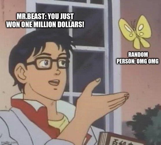 funny | MR.BEAST: YOU JUST WON ONE MILLION DOLLARS! RANDOM PERSON: OMG OMG | image tagged in memes | made w/ Imgflip meme maker