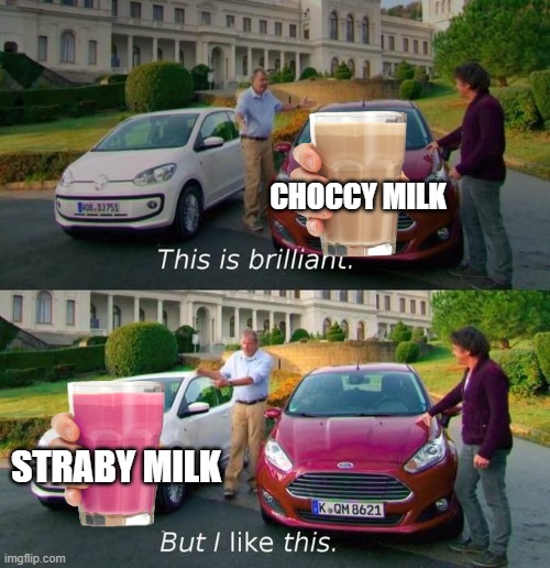 bruh ._. | CHOCCY MILK; STRABY MILK | image tagged in this is brilliant but i like this | made w/ Imgflip meme maker