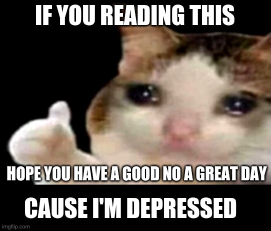 pls |  IF YOU READING THIS; HOPE YOU HAVE A GOOD NO A GREAT DAY; CAUSE I'M DEPRESSED | image tagged in sad cat thumbs up | made w/ Imgflip meme maker