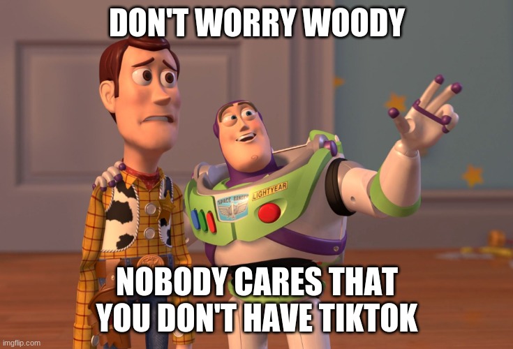 Woody gets judged for not having TikTok | DON'T WORRY WOODY; NOBODY CARES THAT YOU DON'T HAVE TIKTOK | image tagged in memes,x x everywhere,tiktok | made w/ Imgflip meme maker